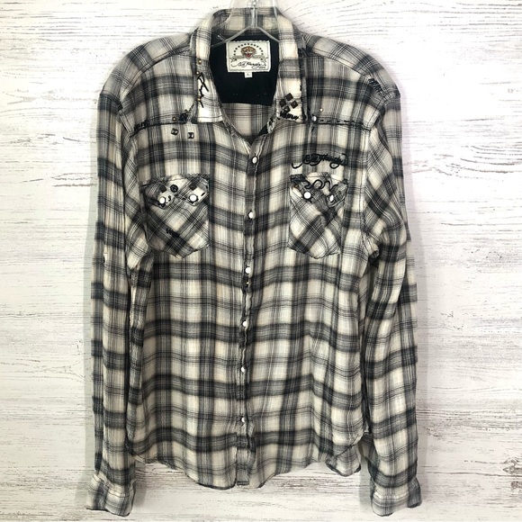 ED HARDY Y2K Plaid Pearl Snap Western Roll Tab Embroidered Logo Shirt L - Picture 1 of 11